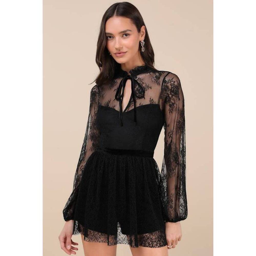 Lulus Incredibly Darling Black Lace Tie-neck Romper - Size XL